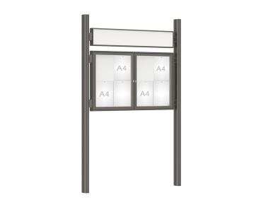 Schaukasten 1000 mit Quatro-Pfosten Farbe:Procity grau|Abmessungen:8 A4 - B 1200 x H 750 mm - 2-flügelig|Pfosten:Pfosten-Set zum Einbetonieren - Mit Titelleiste