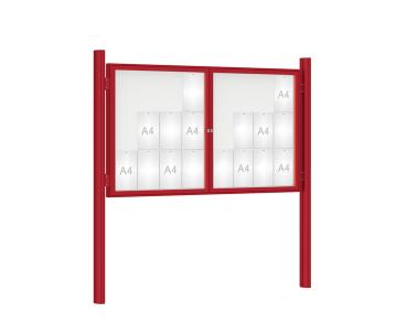 Schaukasten 1000 mit Quatro-Pfosten Farbe:RAL 3004|Abmessungen:24 A4 - B 1800 x H 1050 mm - 2-flügelig|Pfosten:Pfosten-Set zum Einbetonieren - Ohne Titelleiste