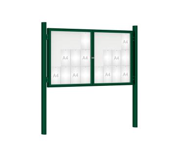 Schaukasten 1000 mit Quatro-Pfosten Farbe:RAL 6005|Abmessungen:24 A4 - B 1800 x H 1050 mm - 2-flügelig|Pfosten:Pfosten-Set zum Einbetonieren - Ohne Titelleiste