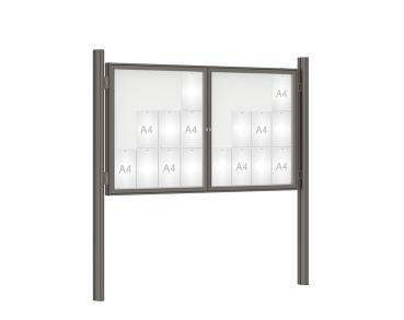 Schaukasten 1000 mit Quatro-Pfosten Farbe:Procity grau|Abmessungen:24 A4 - B 1800 x H 1050 mm - 2-flügelig|Pfosten:Pfosten-Set zum Einbetonieren - Ohne Titelleiste