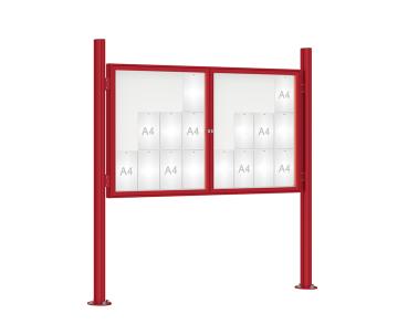 Schaukasten 1000 mit Quatro-Pfosten Farbe:RAL 3004|Abmessungen:24 A4 - B 1800 x H 1050 mm - 2-flügelig|Pfosten:Pfosten-Set auf Bodenplatten - Ohne Titelleiste