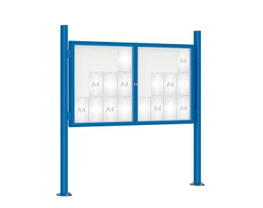 Schaukasten 1000 mit Quatro-Pfosten Farbe:RAL 5010|Abmessungen:24 A4 - B 1800 x H 1050 mm - 2-flügelig|Pfosten:Pfosten-Set auf Bodenplatten - Ohne Titelleiste