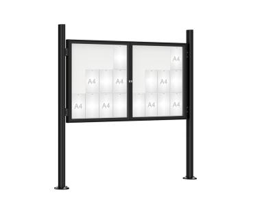 Schaukasten 1000 mit Quatro-Pfosten Farbe:RAL 9005|Abmessungen:24 A4 - B 1800 x H 1050 mm - 2-flügelig|Pfosten:Pfosten-Set auf Bodenplatten - Ohne Titelleiste