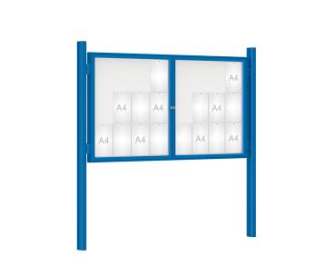 Schaukasten 1000 mit Quatro-Pfosten Farbe:RAL 5010|Abmessungen:24 A4 - B 1800 x H 1050 mm - 2-flügelig|Pfosten:Mittelpfosten zum Einbetonieren - Ohne Titelleiste