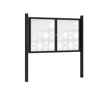 Schaukasten 1000 mit Quatro-Pfosten Farbe:RAL 9005|Abmessungen:24 A4 - B 1800 x H 1050 mm - 2-flügelig|Pfosten:Mittelpfosten zum Einbetonieren - Ohne Titelleiste