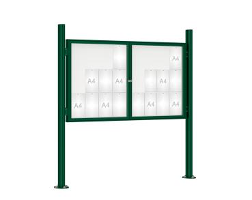Schaukasten 1000 mit Quatro-Pfosten Farbe:RAL 6005|Abmessungen:24 A4 - B 1800 x H 1050 mm - 2-flügelig|Pfosten:Mittelpfosten auf Bodenplatte - Ohne Titelleiste