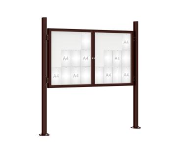 Schaukasten 1000 mit Quatro-Pfosten Farbe:RAL 8017|Abmessungen:24 A4 - B 1800 x H 1050 mm - 2-flügelig|Pfosten:Mittelpfosten auf Bodenplatte - Ohne Titelleiste