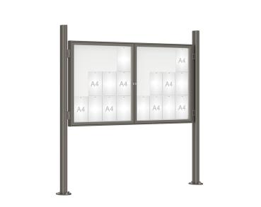 Schaukasten 1000 mit Quatro-Pfosten Farbe:Procity grau|Abmessungen:24 A4 - B 1800 x H 1050 mm - 2-flügelig|Pfosten:Mittelpfosten auf Bodenplatte - Ohne Titelleiste