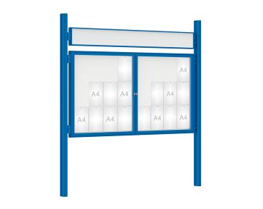 Schaukasten 1000 mit Quatro-Pfosten Farbe:RAL 5010|Abmessungen:24 A4 - B 1800 x H 1050 mm - 2-flügelig|Pfosten:Pfosten-Set zum Einbetonieren - Mit Titelleiste