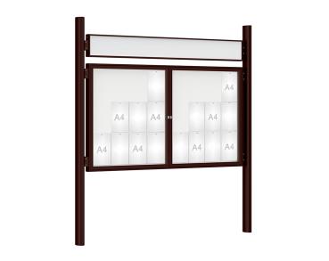 Schaukasten 1000 mit Quatro-Pfosten Farbe:RAL 8017|Abmessungen:24 A4 - B 1800 x H 1050 mm - 2-flügelig|Pfosten:Pfosten-Set zum Einbetonieren - Mit Titelleiste
