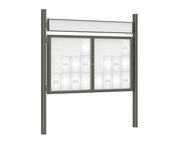 Schaukasten 1000 mit Quatro-Pfosten Farbe:Procity grau|Abmessungen:24 A4 - B 1800 x H 1050 mm - 2-flügelig|Pfosten:Pfosten-Set zum Einbetonieren - Mit Titelleiste