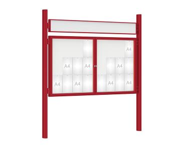 Schaukasten 1000 mit Quatro-Pfosten Farbe:RAL 3004|Abmessungen:24 A4 - B 1800 x H 1050 mm - 2-flügelig|Pfosten:Mittelpfosten zum Einbetonieren - Mit Titelleiste