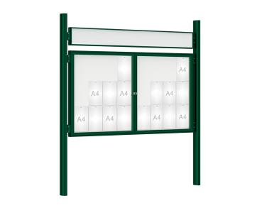 Schaukasten 1000 mit Quatro-Pfosten Farbe:RAL 6005|Abmessungen:24 A4 - B 1800 x H 1050 mm - 2-flügelig|Pfosten:Mittelpfosten zum Einbetonieren - Mit Titelleiste