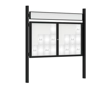 Schaukasten 1000 mit Quatro-Pfosten Farbe:RAL 9005|Abmessungen:24 A4 - B 1800 x H 1050 mm - 2-flügelig|Pfosten:Mittelpfosten zum Einbetonieren - Mit Titelleiste