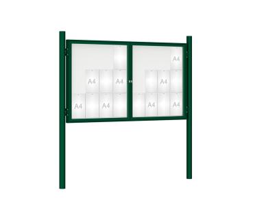 Schaukasten 1000 mit Pfosten Ø 76 mm Farbe:RAL 6005|Abmessungen:24 A4 - B 1800 x H 1050 mm - 2-flügelig|Pfosten:Pfosten-Set zum Einbetonieren - Ohne Titelleiste