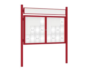 Schaukasten 1000 mit Pfosten Ø 76 mm Farbe:RAL 3004|Abmessungen:24 A4 - B 1800 x H 1050 mm - 2-flügelig|Pfosten:Pfosten-Set zum Einbetonieren - Mit Titelleiste