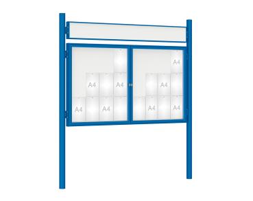 Schaukasten 1000 mit Pfosten Ø 76 mm Farbe:RAL 5010|Abmessungen:24 A4 - B 1800 x H 1050 mm - 2-flügelig|Pfosten:Pfosten-Set zum Einbetonieren - Mit Titelleiste