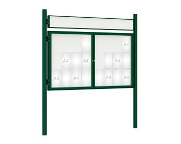 Schaukasten 1000 mit Pfosten Ø 76 mm Farbe:RAL 6005|Abmessungen:24 A4 - B 1800 x H 1050 mm - 2-flügelig|Pfosten:Pfosten-Set zum Einbetonieren - Mit Titelleiste