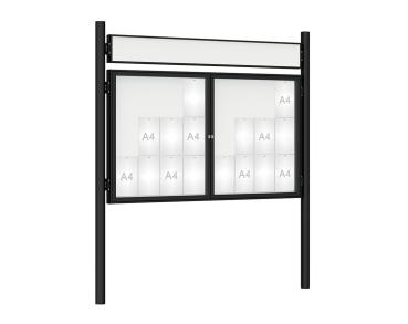 Schaukasten 1000 mit Pfosten Ø 76 mm Farbe:RAL 9005|Abmessungen:24 A4 - B 1800 x H 1050 mm - 2-flügelig|Pfosten:Pfosten-Set zum Einbetonieren - Mit Titelleiste