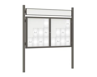 Schaukasten 1000 mit Pfosten Ø 76 mm Farbe:Procity grau|Abmessungen:24 A4 - B 1800 x H 1050 mm - 2-flügelig|Pfosten:Pfosten-Set zum Einbetonieren - Mit Titelleiste