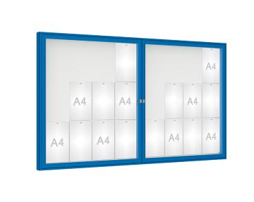 Schaukasten 1000 Farbe:RAL 5010|Verglasung:Plexichocs|Abmessungen:24 A4 – B 1800 x H 1050 mm