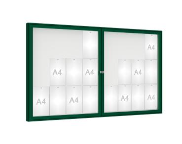 Schaukasten 1000 Farbe:RAL 6005|Verglasung:Plexichocs|Abmessungen:24 A4 – B 1800 x H 1050 mm