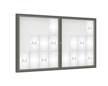Schaukasten 1000 Farbe:Procity grau|Verglasung:Plexichocs|Abmessungen:24 A4 – B 1800 x H 1050 mm