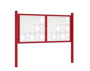Schaukasten 1000 mit Quatro-Pfosten Farbe:RAL 3004|Abmessungen:30 A4 - B 2250 x H 1050 mm - 2-flügelig|Pfosten:Pfosten-Set zum Einbetonieren - Ohne Titelleiste