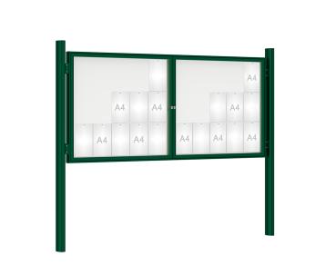 Schaukasten 1000 mit Quatro-Pfosten Farbe:RAL 6005|Abmessungen:30 A4 - B 2250 x H 1050 mm - 2-flügelig|Pfosten:Pfosten-Set zum Einbetonieren - Ohne Titelleiste