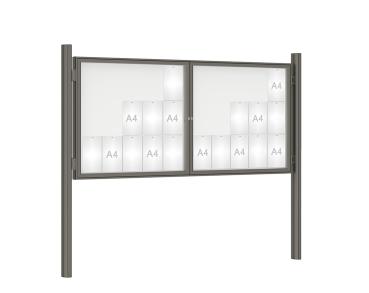 Schaukasten 1000 mit Quatro-Pfosten Farbe:Procity grau|Abmessungen:30 A4 - B 2250 x H 1050 mm - 2-flügelig|Pfosten:Pfosten-Set zum Einbetonieren - Ohne Titelleiste
