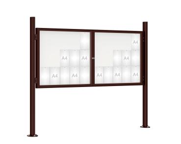 Schaukasten 1000 mit Quatro-Pfosten Farbe:RAL 8017|Abmessungen:30 A4 - B 2250 x H 1050 mm - 2-flügelig|Pfosten:Pfosten-Set auf Bodenplatten - Ohne Titelleiste