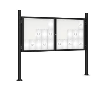 Schaukasten 1000 mit Quatro-Pfosten Farbe:RAL 9005|Abmessungen:30 A4 - B 2250 x H 1050 mm - 2-flügelig|Pfosten:Pfosten-Set auf Bodenplatten - Ohne Titelleiste
