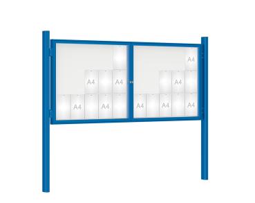 Schaukasten 1000 mit Quatro-Pfosten Farbe:RAL 5010|Abmessungen:30 A4 - B 2250 x H 1050 mm - 2-flügelig|Pfosten:Mittelpfosten zum Einbetonieren - Ohne Titelleiste