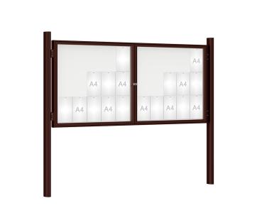 Schaukasten 1000 mit Quatro-Pfosten Farbe:RAL 8017|Abmessungen:30 A4 - B 2250 x H 1050 mm - 2-flügelig|Pfosten:Mittelpfosten zum Einbetonieren - Ohne Titelleiste