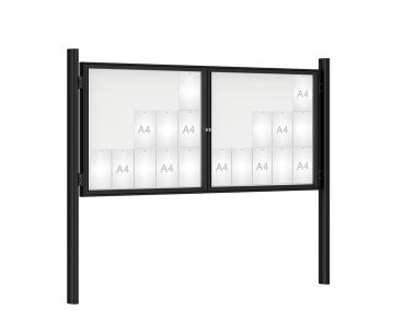 Schaukasten 1000 mit Quatro-Pfosten Farbe:RAL 9005|Abmessungen:30 A4 - B 2250 x H 1050 mm - 2-flügelig|Pfosten:Mittelpfosten zum Einbetonieren - Ohne Titelleiste