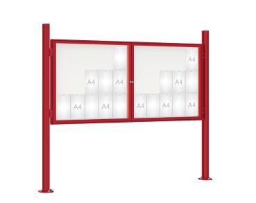 Schaukasten 1000 mit Quatro-Pfosten Farbe:RAL 3004|Abmessungen:30 A4 - B 2250 x H 1050 mm - 2-flügelig|Pfosten:Mittelpfosten auf Bodenplatte - Ohne Titelleiste