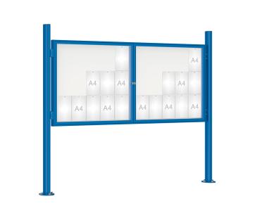 Schaukasten 1000 mit Quatro-Pfosten Farbe:RAL 5010|Abmessungen:30 A4 - B 2250 x H 1050 mm - 2-flügelig|Pfosten:Mittelpfosten auf Bodenplatte - Ohne Titelleiste