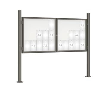 Schaukasten 1000 mit Quatro-Pfosten Farbe:Procity grau|Abmessungen:30 A4 - B 2250 x H 1050 mm - 2-flügelig|Pfosten:Mittelpfosten auf Bodenplatte - Ohne Titelleiste