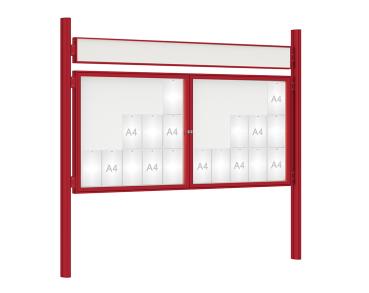 Schaukasten 1000 mit Quatro-Pfosten Farbe:RAL 3004|Abmessungen:30 A4 - B 2250 x H 1050 mm - 2-flügelig|Pfosten:Pfosten-Set zum Einbetonieren - Mit Titelleiste