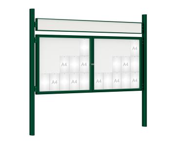 Schaukasten 1000 mit Quatro-Pfosten Farbe:RAL 6005|Abmessungen:30 A4 - B 2250 x H 1050 mm - 2-flügelig|Pfosten:Pfosten-Set zum Einbetonieren - Mit Titelleiste