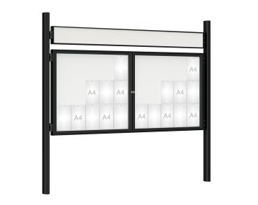 Schaukasten 1000 mit Quatro-Pfosten Farbe:RAL 9005|Abmessungen:30 A4 - B 2250 x H 1050 mm - 2-flügelig|Pfosten:Pfosten-Set zum Einbetonieren - Mit Titelleiste