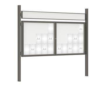 Schaukasten 1000 mit Quatro-Pfosten Farbe:Procity grau|Abmessungen:30 A4 - B 2250 x H 1050 mm - 2-flügelig|Pfosten:Pfosten-Set zum Einbetonieren - Mit Titelleiste