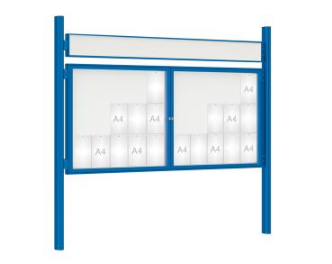 Schaukasten 1000 mit Quatro-Pfosten Farbe:RAL 5010|Abmessungen:30 A4 - B 2250 x H 1050 mm - 2-flügelig|Pfosten:Mittelpfosten zum Einbetonieren - Mit Titelleiste