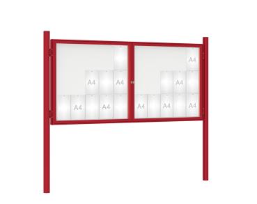 Schaukasten 1000 mit Pfosten Ø 76 mm Farbe:RAL 3004|Abmessungen:30 A4 - B 2250 x H 1050 mm - 2-flügelig|Pfosten:Pfosten-Set zum Einbetonieren - Ohne Titelleiste
