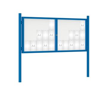 Schaukasten 1000 mit Pfosten Ø 76 mm Farbe:RAL 5010|Abmessungen:30 A4 - B 2250 x H 1050 mm - 2-flügelig|Pfosten:Pfosten-Set zum Einbetonieren - Ohne Titelleiste