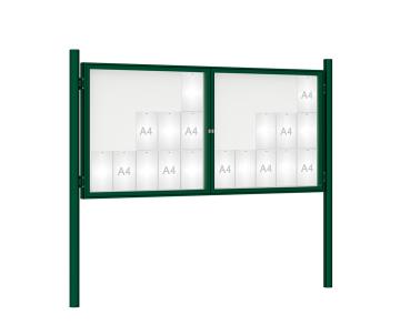 Schaukasten 1000 mit Pfosten Ø 76 mm Farbe:RAL 6005|Abmessungen:30 A4 - B 2250 x H 1050 mm - 2-flügelig|Pfosten:Pfosten-Set zum Einbetonieren - Ohne Titelleiste