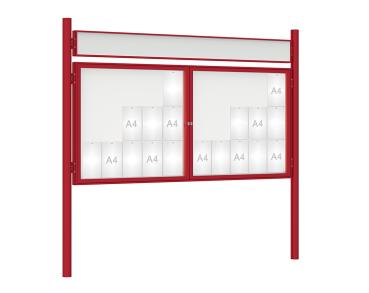 Schaukasten 1000 mit Pfosten Ø 76 mm Farbe:RAL 3004|Abmessungen:30 A4 - B 2250 x H 1050 mm - 2-flügelig|Pfosten:Pfosten-Set zum Einbetonieren - Mit Titelleiste