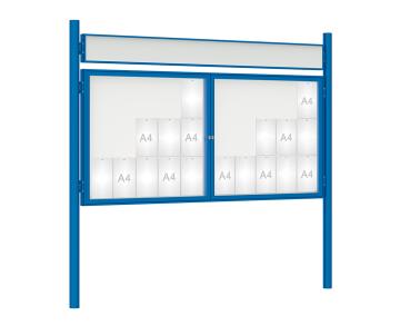 Schaukasten 1000 mit Pfosten Ø 76 mm Farbe:RAL 5010|Abmessungen:30 A4 - B 2250 x H 1050 mm - 2-flügelig|Pfosten:Pfosten-Set zum Einbetonieren - Mit Titelleiste