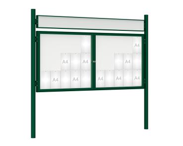 Schaukasten 1000 mit Pfosten Ø 76 mm Farbe:RAL 6005|Abmessungen:30 A4 - B 2250 x H 1050 mm - 2-flügelig|Pfosten:Pfosten-Set zum Einbetonieren - Mit Titelleiste