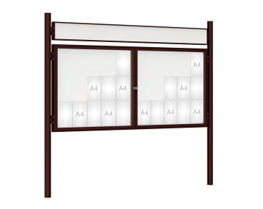 Schaukasten 1000 mit Pfosten Ø 76 mm Farbe:RAL 8017|Abmessungen:30 A4 - B 2250 x H 1050 mm - 2-flügelig|Pfosten:Pfosten-Set zum Einbetonieren - Mit Titelleiste